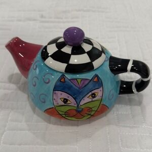 Vintage Savile Row Whimsical Cat Ceramic‎ Teapot Hand Painted Multicolor